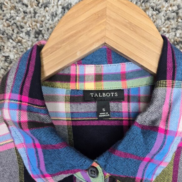 Talbots Top Womens Small Blue Pink Plaid Button Up Rayon Casual Ladies - Picture 6 of 7